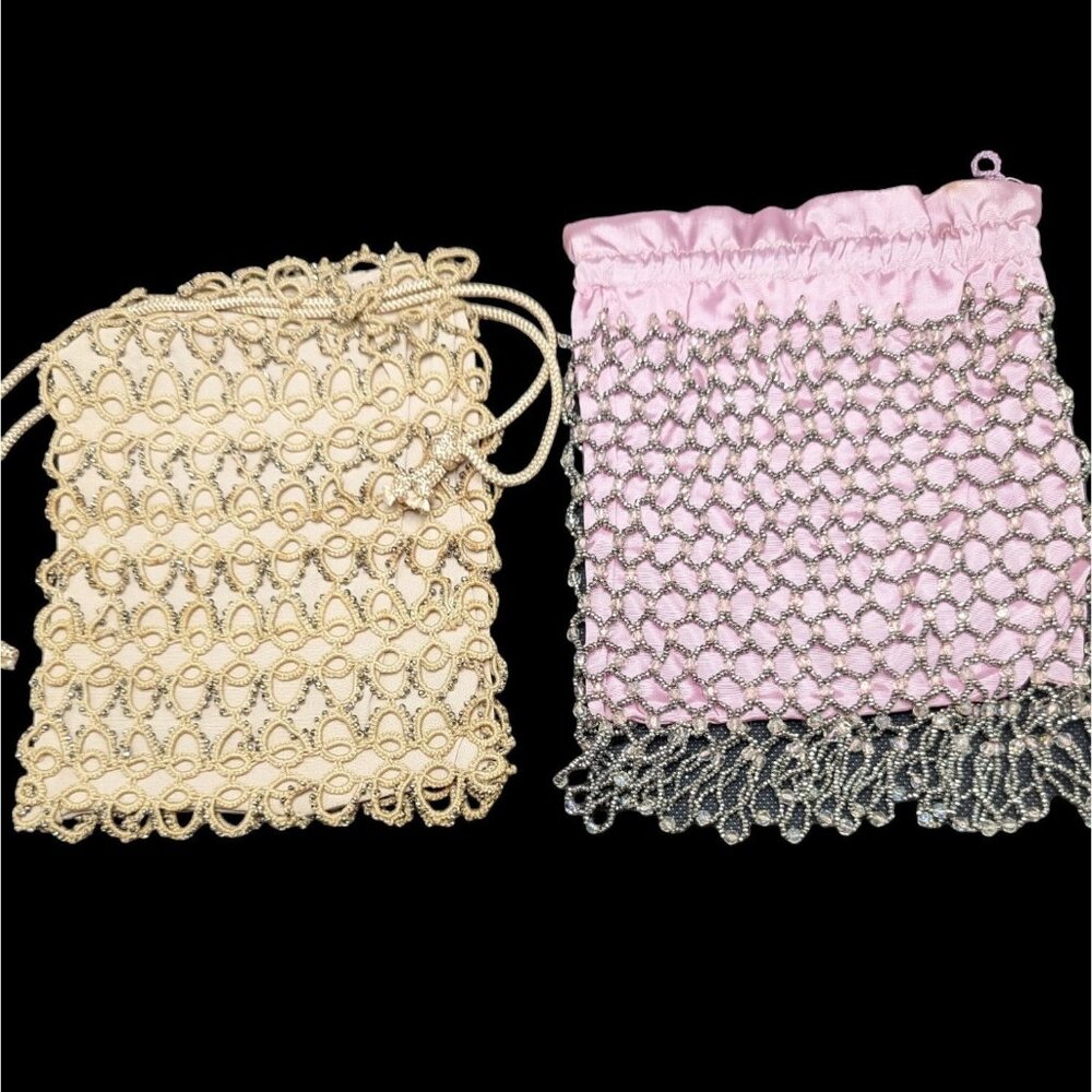 Vintage Beaded Drawstring‎ Jewelry Pouches Pink Yellow Elegant Retro Chic set